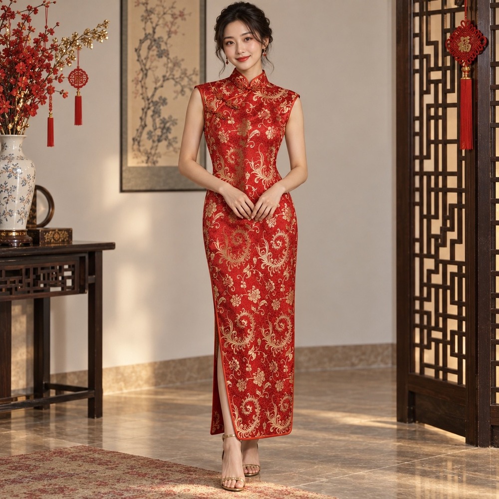 Red Gold Floral Brocade Qipao Cheongsam Dress Mandarin Collar Frog Closures XS